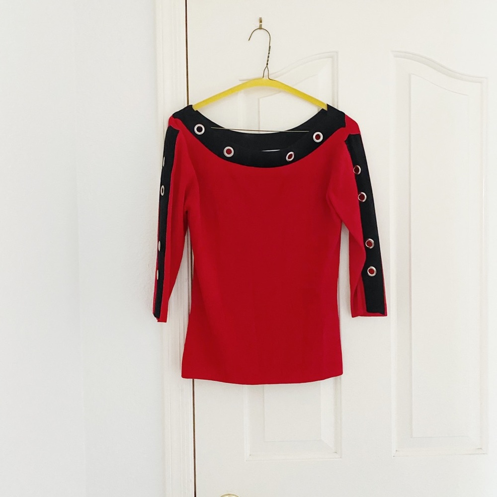 Joseph A. Petite Red & Black Boat Neck Top